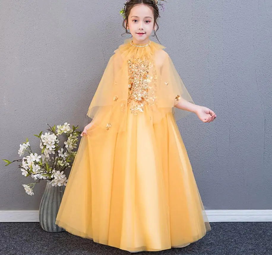 Girls Yellow Glitter Princess Tutu Dress Inspired Kids Rhinestone Wedding A-Line Children Prom Birthday Party HW2395 | Детская одежда и