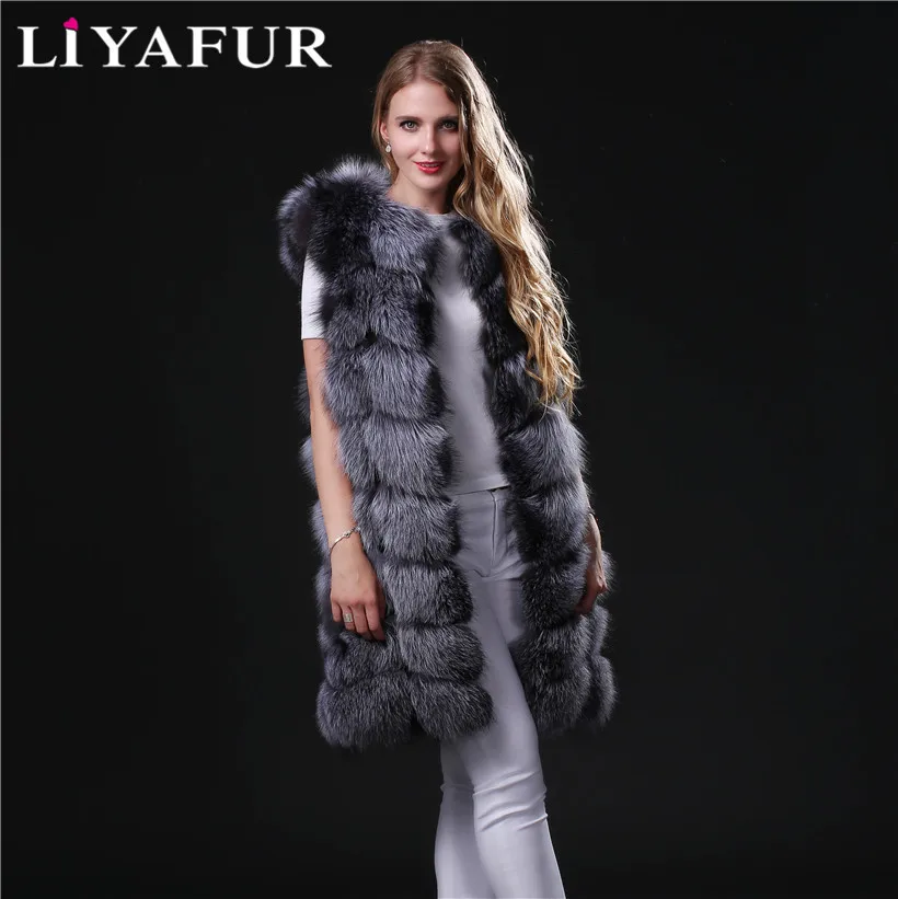natural silver LIYAFUR натуральная Толстый Полный Пелт синий и Silver Fox Мех животных длинный зимний жилет для женщин пальто Верхняя одежда плюс размеры - Цвет: natural silver