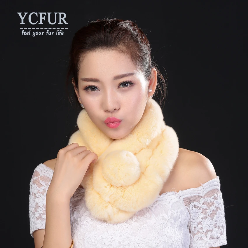

YCFUR Warm Winter Scarfs Wraps Women Handmade Natural Rex Rabbit Fur Scarves Wraps Female With Fur Pom Neck Scarf Ladies