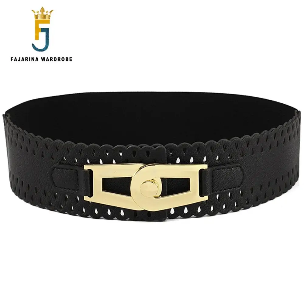 FAJARINA New Carved Cowhide Leather Metal Hook Buckle Jackets Decorative Style Wide Elastic Wide Girdle Belt for Women LDFJ061