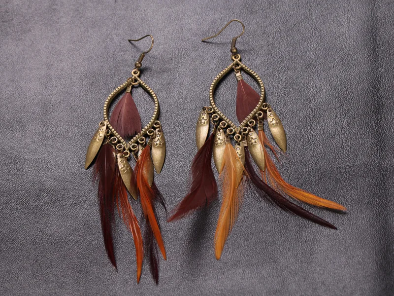 Женские серьги с подвеской длинные висячие из перьев и бронзы|earring gun|earrings