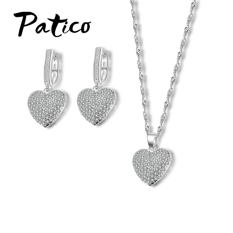 

925 Sterling Silver Jewelry Sets Heart Necklace Pendent Drop Earrings Heart Party Crystal Cubic Zirconia