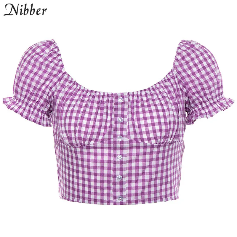 Фиолетовый Nibber High street Повседневные хлопковые клетчатые Короткие топы женские футболки летние элегантные офисные футболки с открытыми плечами с коротким рукавом - Цвет: Фиолетовый