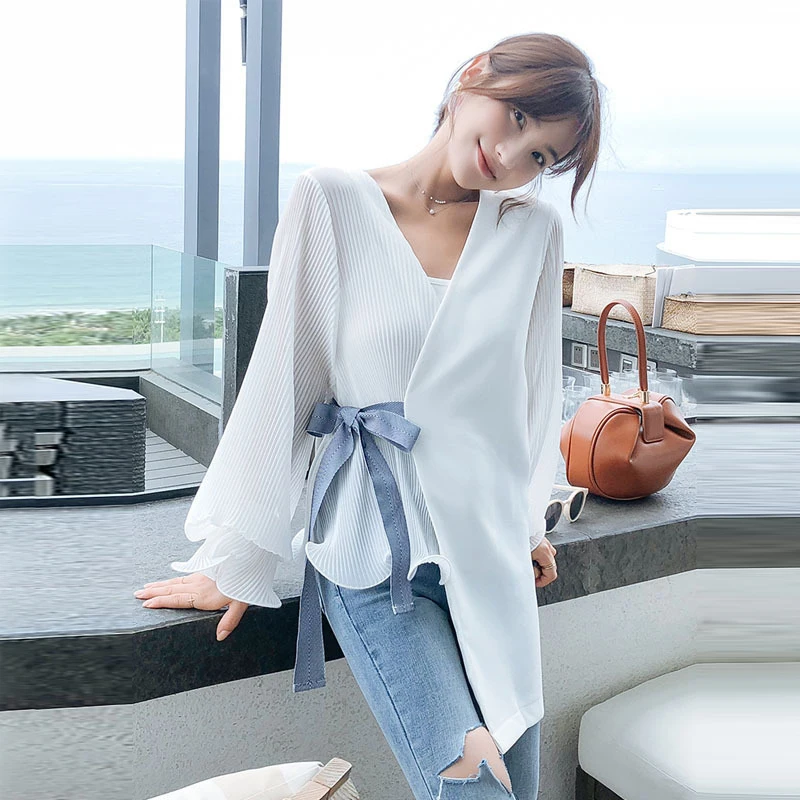 VGH Корейская Лоскутная Женская футболка с v образным вырезом рукав лепесток подол