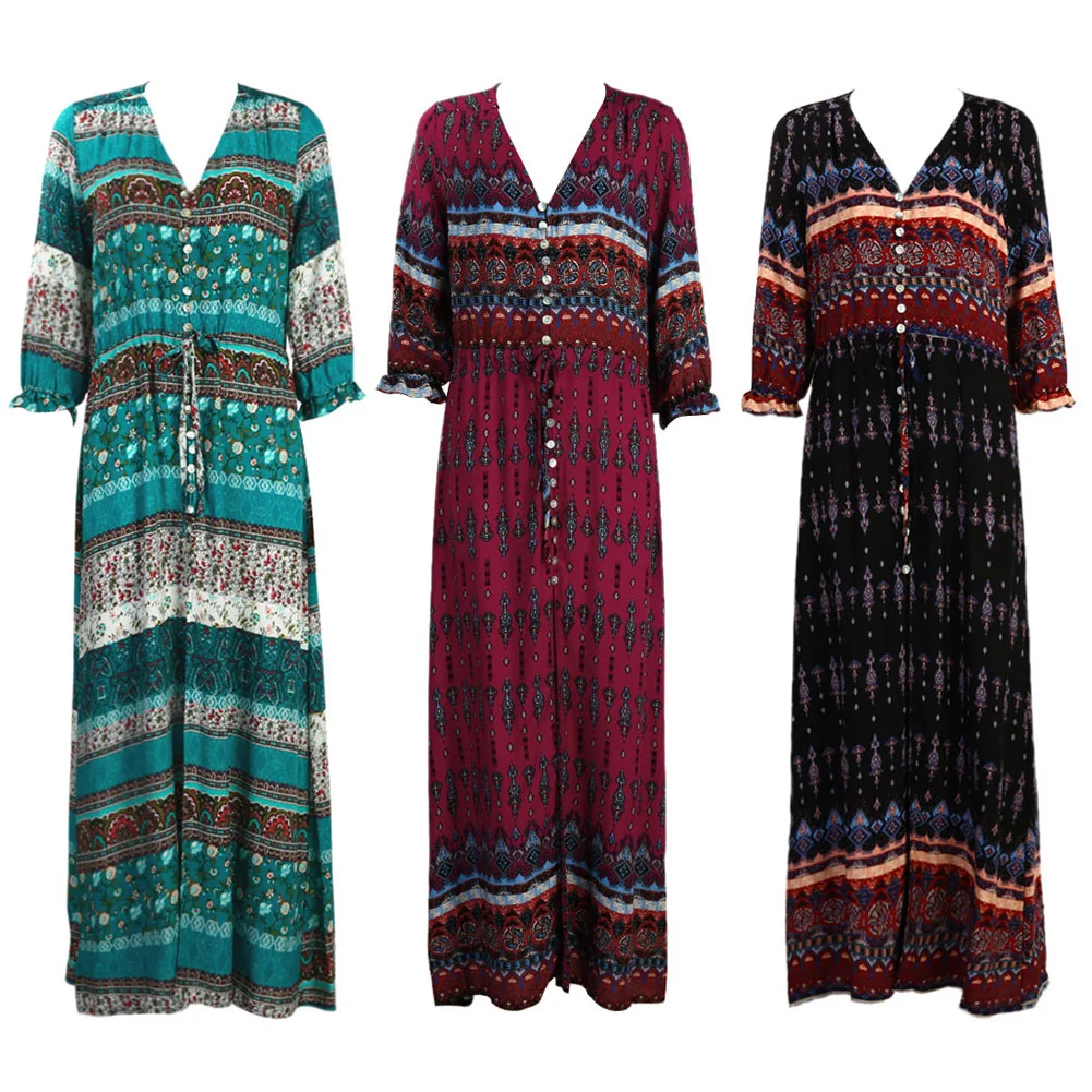 Женское богемное длинное платье с V образным вырезом и рукавом три