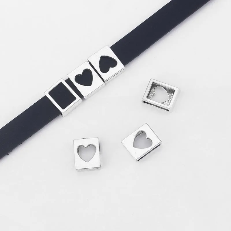 

20pcs New Square Silde Spacer Hollow Heart Charm Fit 10*2mm Flat Leather For Bracelet Necklace DIY Jewelry Making