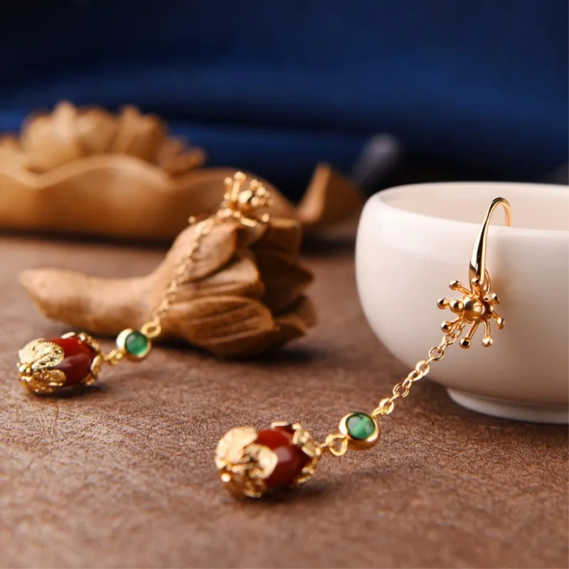 Экзотические серьги с искусственными камнями 14 K модные в национальном стиле