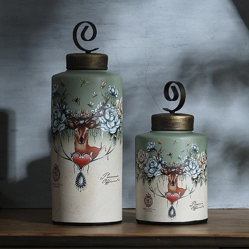 

storage tanks flowers and deer American ceramics iron art general cans two sets of ornaments home trinkets ornaments large