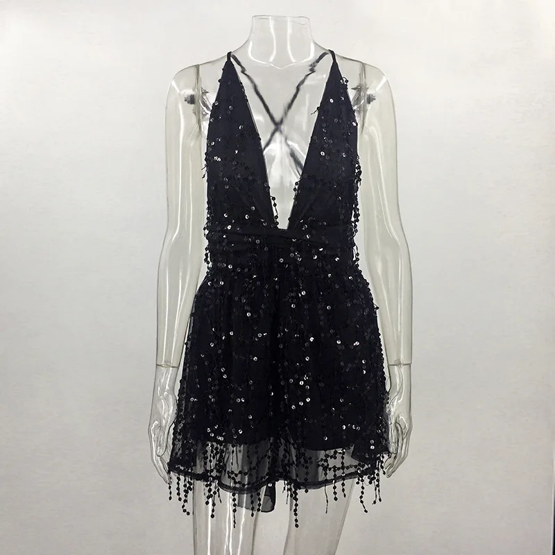 Сексуальное платье с глубоким вырезом блестящее блестками на бретельках