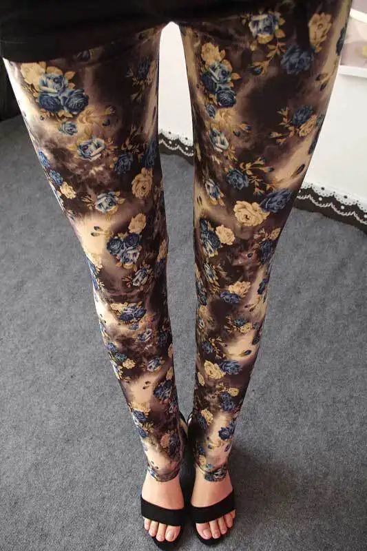 blue roses BIVIGAOS весна лето женские модные Досуг черные молочные тонкие эластичные леггинсы цветные звезды граффити тонкие обтягивающие леггинсы брюки женские Узкие брюки - Цвет: blue roses