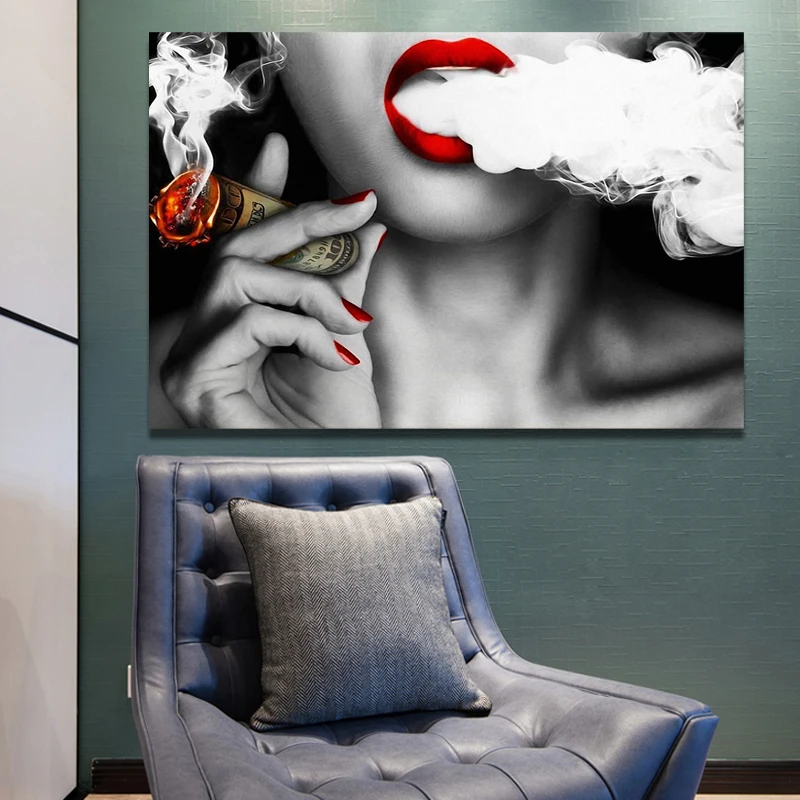 Modern Abstract Portrait Posters and Prints Wall Art Canvas Painting Women Smoke Money Oil on the Creative Decor | Дом и сад