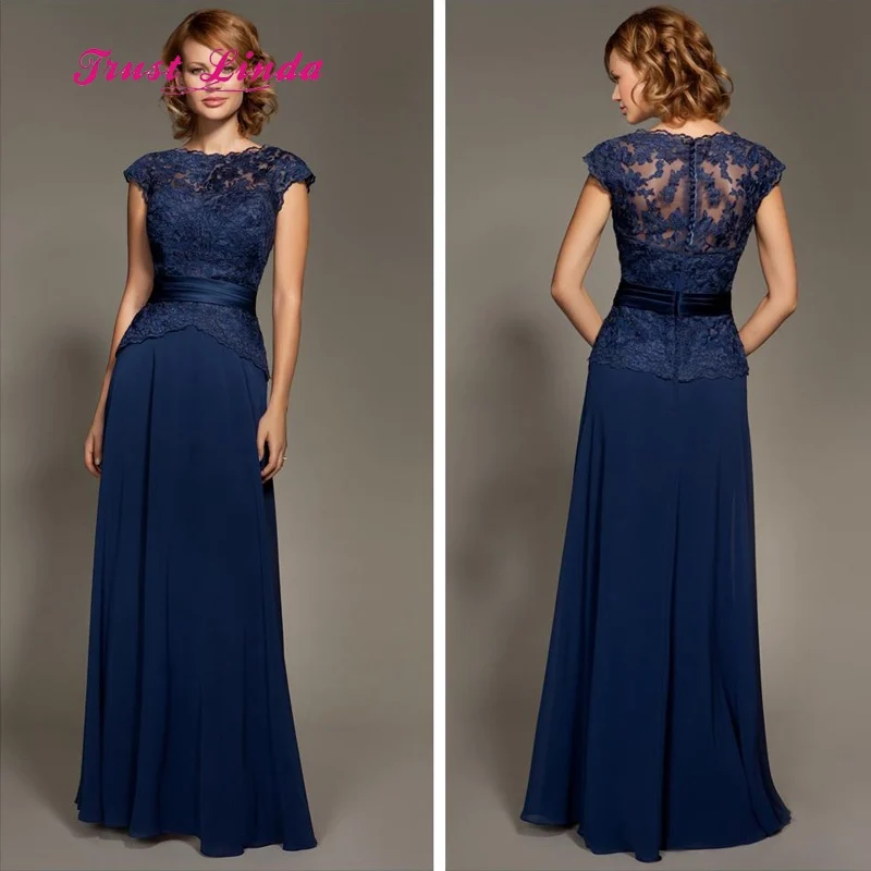 navy blue Vestidos Elegantes Madre De La Novia, вечернее платье с иллюзией на шее, с рукавами-крылышками, длинное платье для матери невесты - Цвет: navy blue