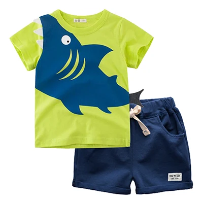Green Blue BINUDUCKLING/ г. Модный летний комплект одежды для маленьких мальчиков, футболка с короткими рукавами и принтом акулы+ шорты, детская одежда из хлопка - Цвет: Green Blue