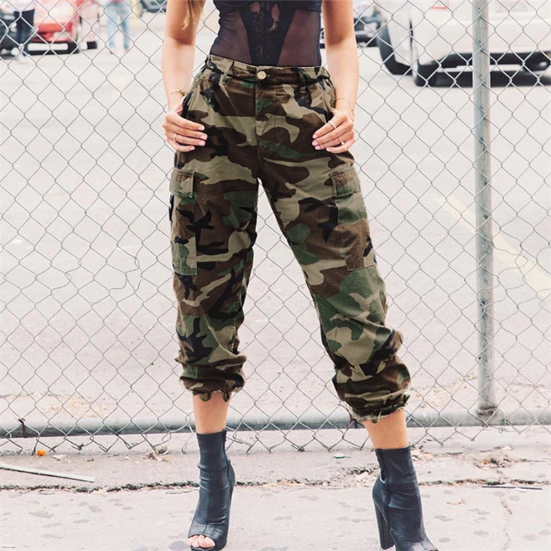 MONGIFI Camo Штаны с высокой посадкой Для женщин стрейч карандаш Paperbag Harajuku брюки