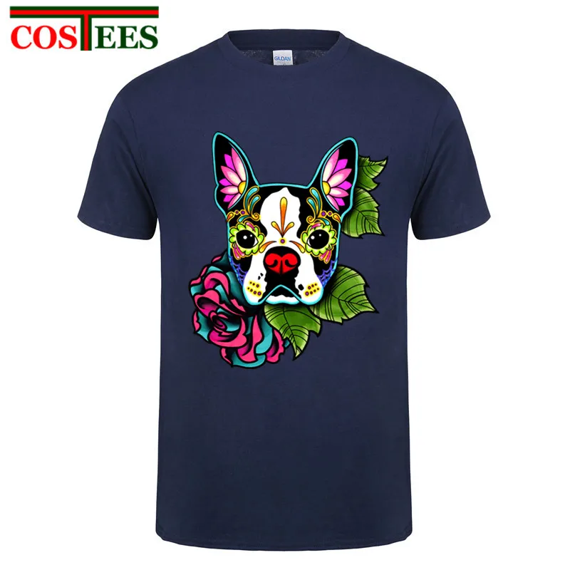 Мужские футболки Boston Terrier День мертвых Сахар Череп собака круглый воротник