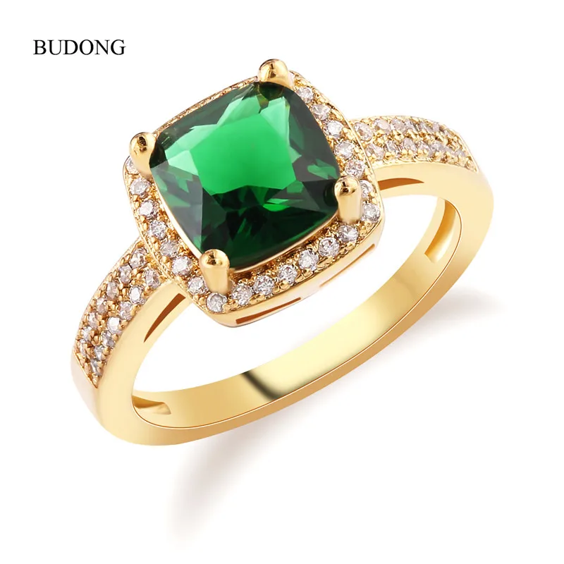 2017 BUDONG Chic Bling женское кольцо золотого цвета для женщин принцесса Зеленый Кристалл