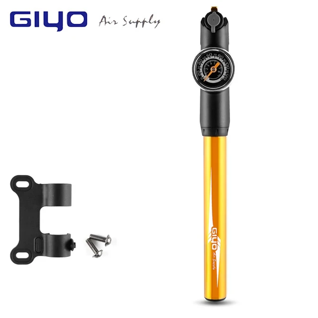 GIYO 120PSI воздушный насос, велосипедный насос для надувания, вилка, амортизатор, подходит для Schrader с psi/bar манометром, складной шланг - Цвет: Золотой