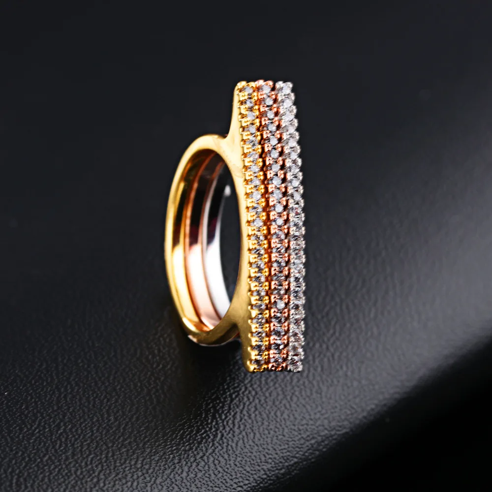 Красочные Полосы Для Женщин Белый Кубический Цирконий Три Кольца Роза Золото