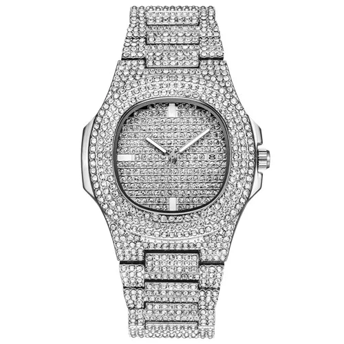 silver Lureen золотые часы кварцевые роскошные полностью алмазные круглые часы мужские наручные часы из нержавеющей стали подарок - Цвет: silver