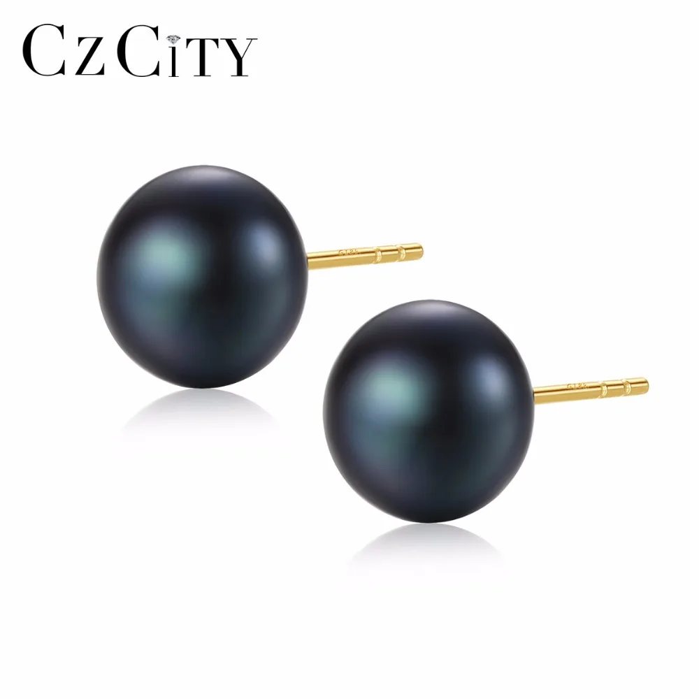CZCITY 18k свадебные жемчужные серьги-гвоздики с 7-7,5 мм натуральный пресноводный жемчуг и чистого из 18-ти кратного желтого золота серьги белый/розовый/фиолетовый/золотой/черный
