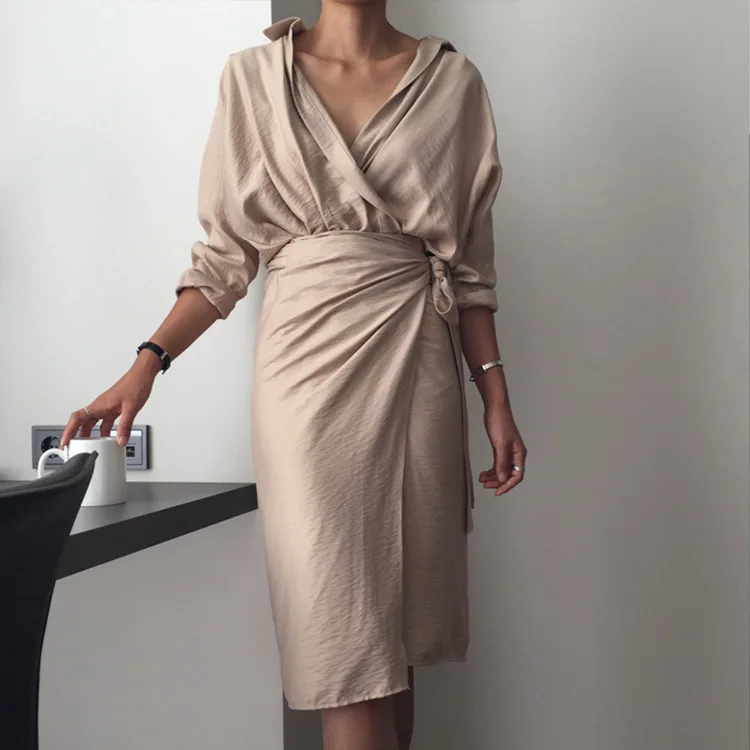 

Autumn New Korean Temperament Solid Color V Collar Long Sleeves Side Bandage Mid-calf Dress Woman