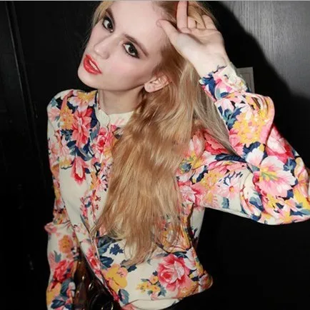 Ретро печать длинная длинными рукавами футболки + листья окрашенный с горный