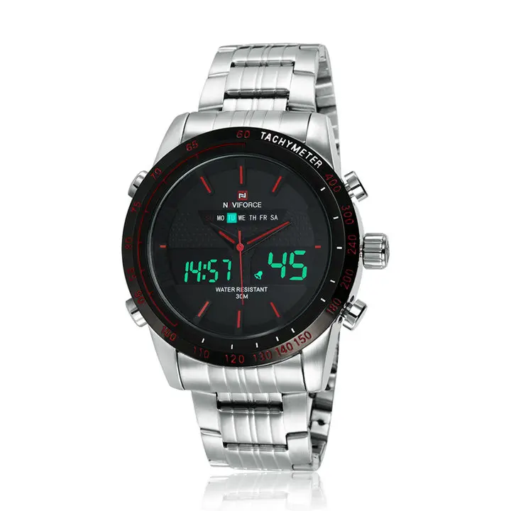 SILVER RED NAVIFORCE мужские спортивные кварцевые часы светодиодный цифровые часы ремешок из нержавеющей стали водонепроницаемый люксовый бренд платье мужские часы с двумя дисплеями - Цвет: SILVER RED