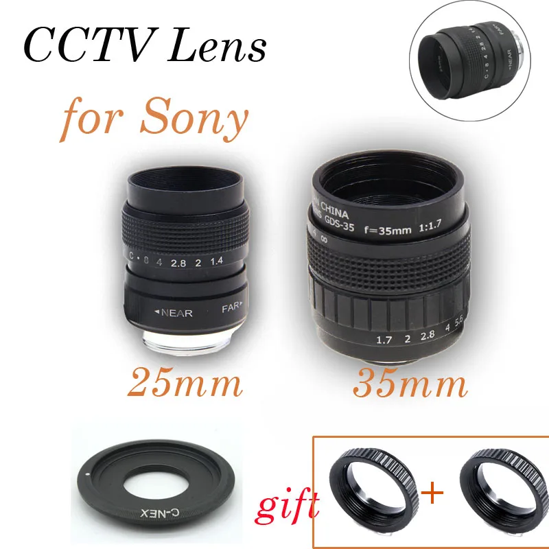 2в1 25 мм F1.4 35 F1.7 CCTV TV Movie lens + C Mount Kit для Sony NEX E 6 5R F3 A6000 A6300 5100 A3000|35mm f1.7|25mm f1.4c mount |