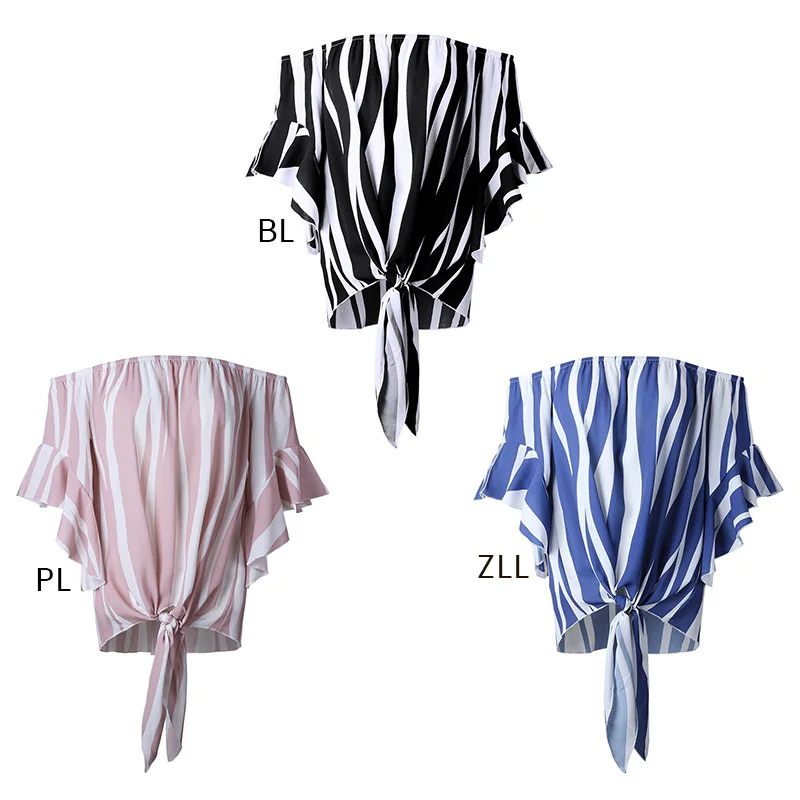 

Women Sexy Zebra Striped Print Off-The-Shoulder One Shoulder Collar Mid Sleeved Chiffon Shirt Tops