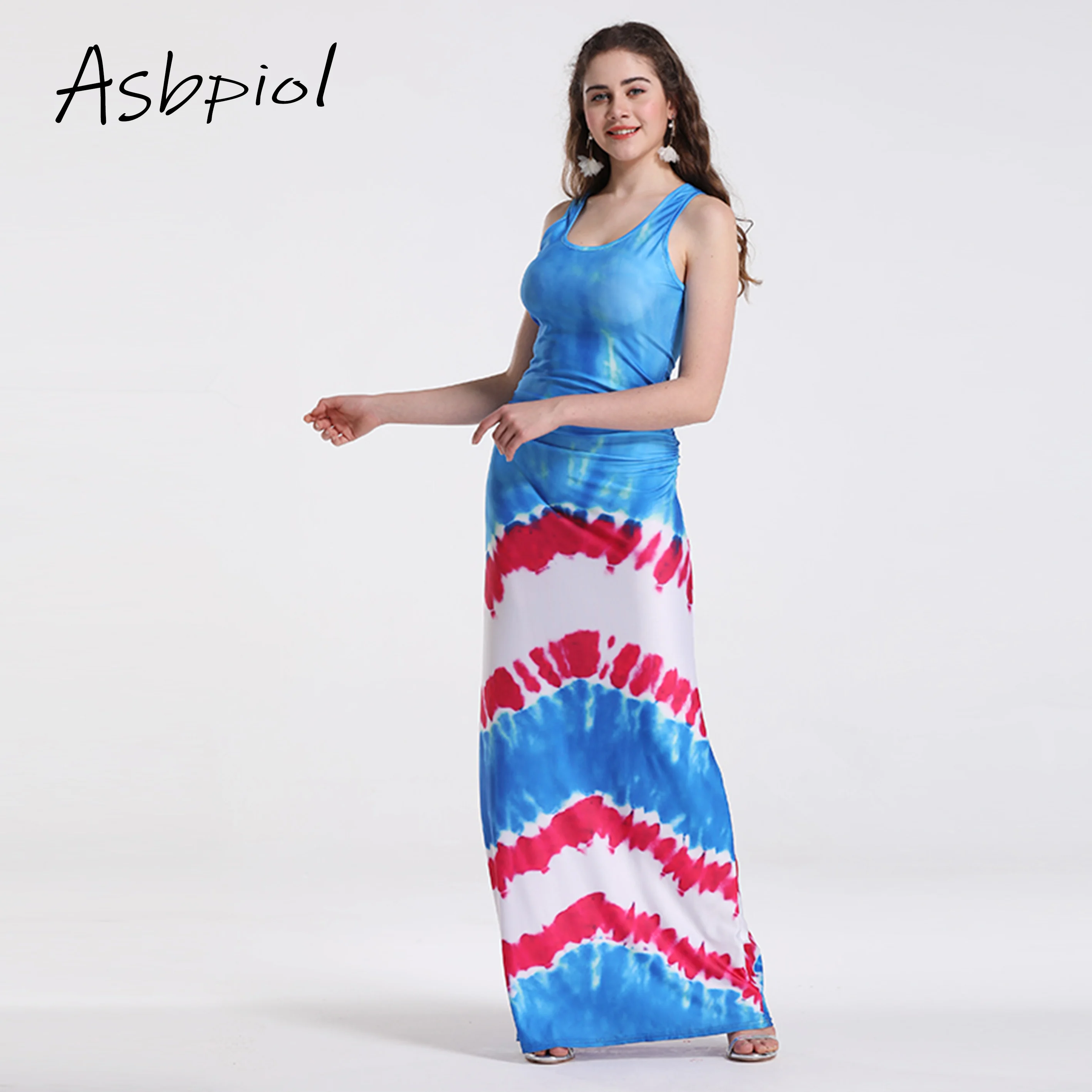 Синее повседневное пляжное платье без рукавов с круглым вырезом и открытыми