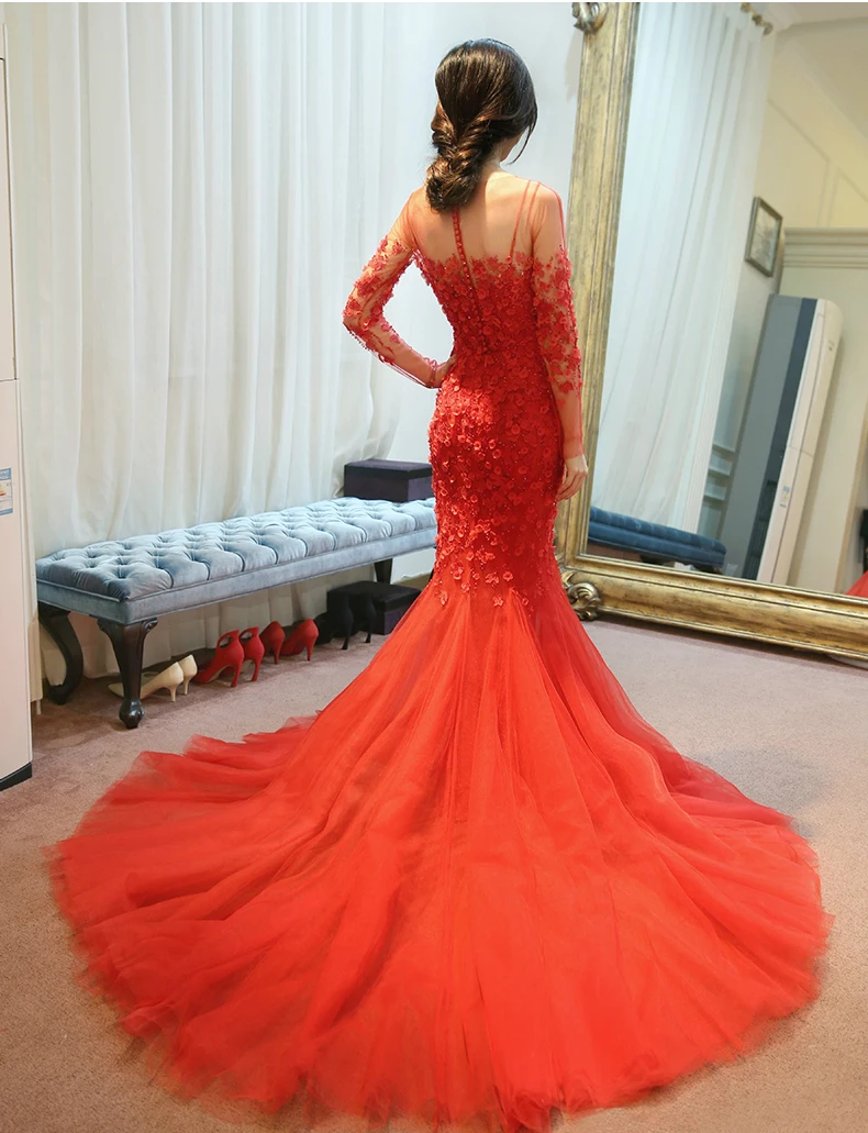 Белые и красные свадебные платья русалки с длинным рукавом фатиновые Свадебные