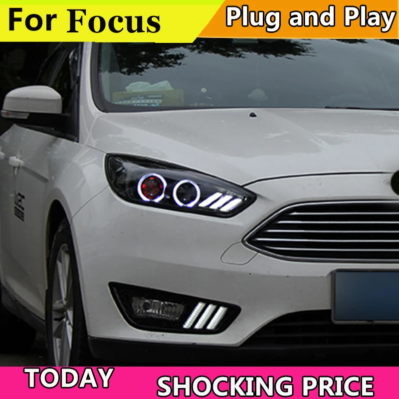 Doxa-غطاء المصباح الأمامي لسيارة Ford Focus MK3 2015-2018 ، المصباح الأمامي LED O Angel Eyes DRL ، إشارة الانعطاف المتحركة
