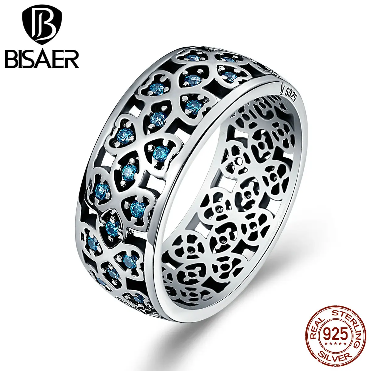 BISAER подлинный 925 пробы, серебро, синий, прозрачный CZ, клевер, дерево, листья, коктейль, модное кольцо на палец, свадебные ювелирные изделия ECR064