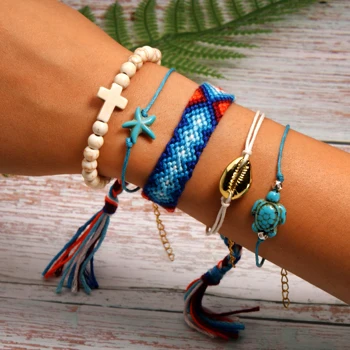 20 MOON GIRL 5 Pieces Puka Shell Bracelet Set Turtle Starfish Cross Beads Boho Weave Bracelet for Women Friendship Jewelry Dropship - Metal Color: 20