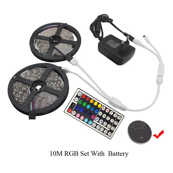 10 м RGB Светодиодная лента 5 М 5050 SMD Светодиодная лента гибкая лента Водонепроницаемый ИК пульт дистанционного управления DC 12 В адаптер питания полный комплект - Испускаемый цвет: 10M set with Battery