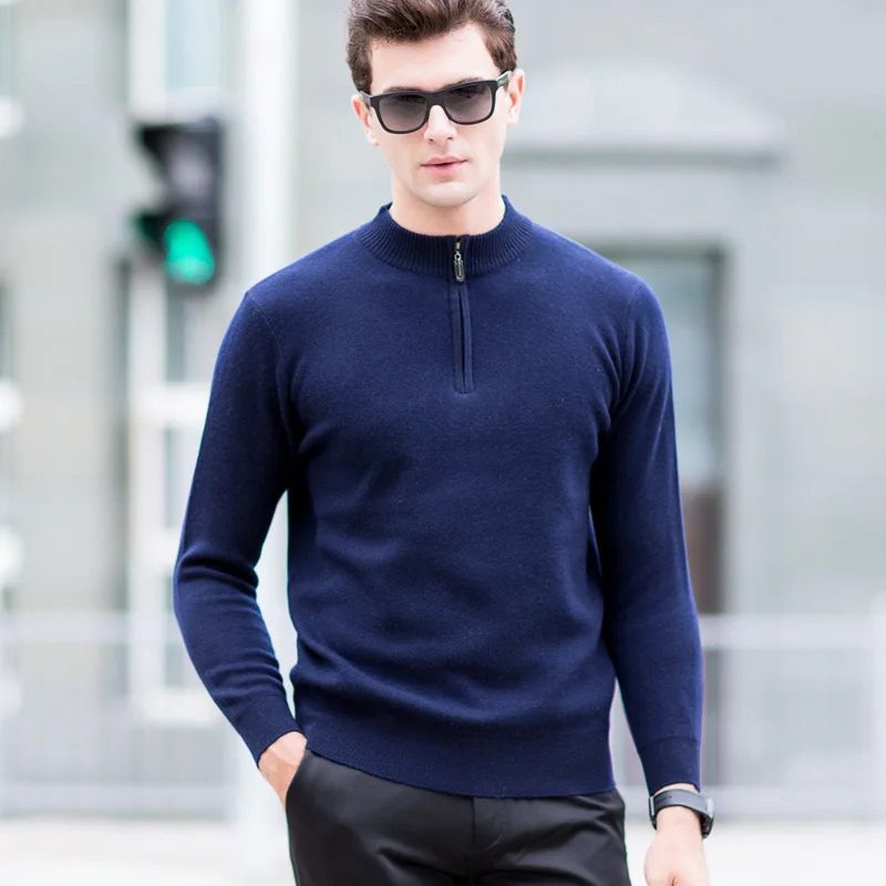 Новый мужской свитер из 100% чистой шерсти на молнии средней высоты утепленный с