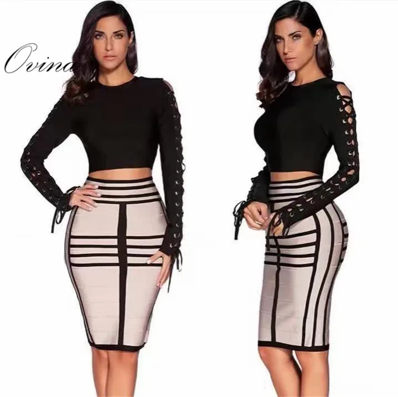 

Khaki High Quality Long Sleeve Lace Up Short Tops Striped Knee Length Skirts Bandage Women Sets