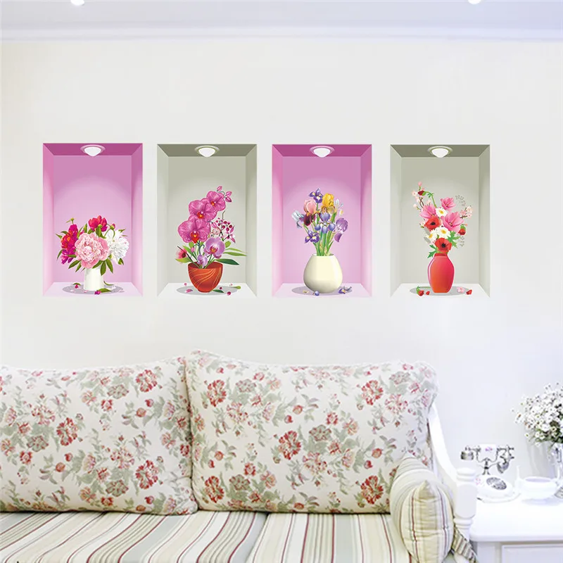3d View Flower Flora Pot Light Hole Wall Stickers Home Decor Living Room Office Scenery Decoration Pvc Decals Diy Mural Art | Дом и сад