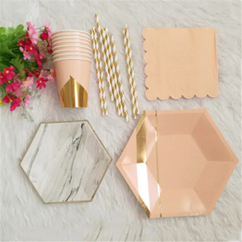 Одноразовая посуда в европейском дворце на 8 персон мраморный розовый бумажный