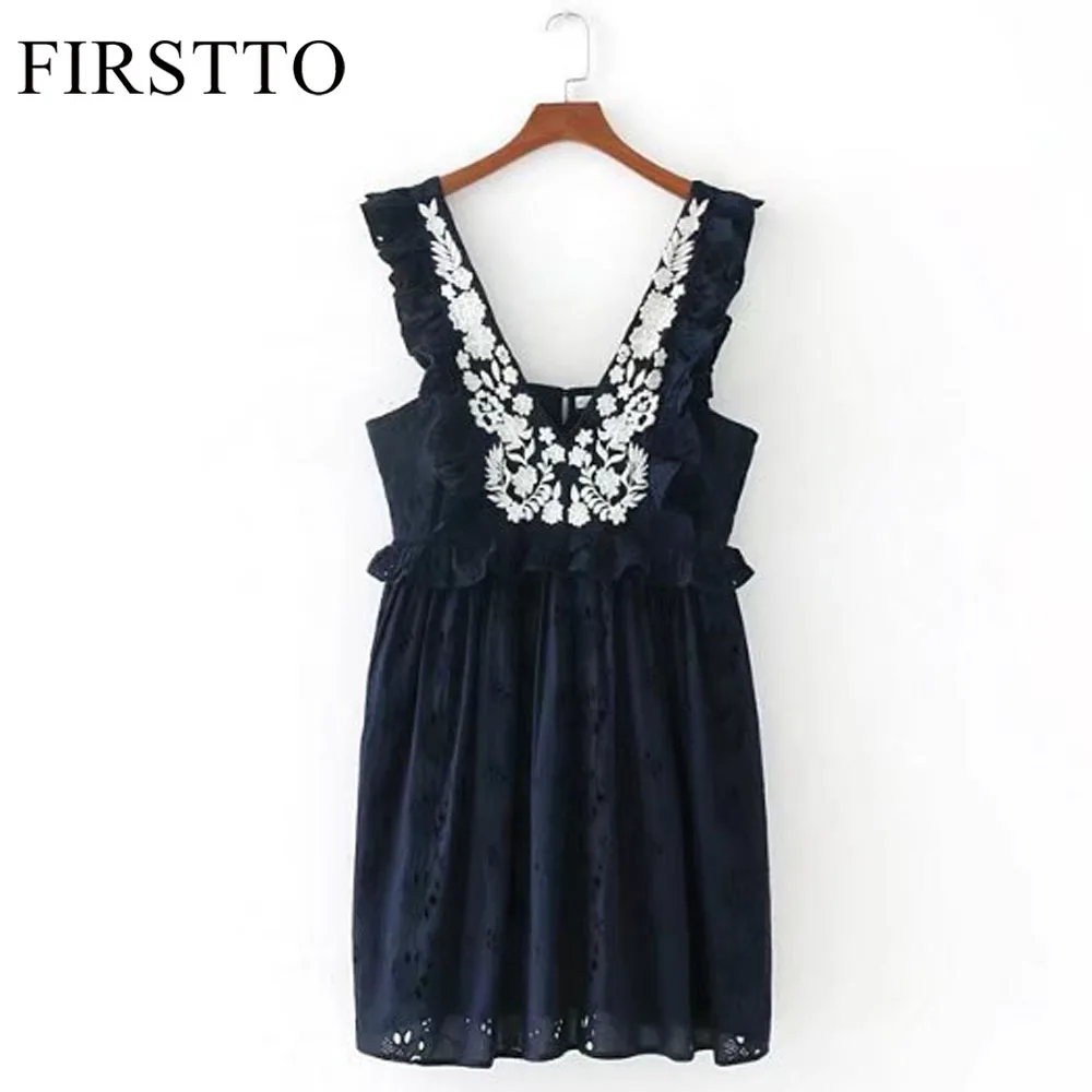 FIRSTTO Сладкий цветочный узор вышивка каскадные оборки рукава спинки сзади Кнопка