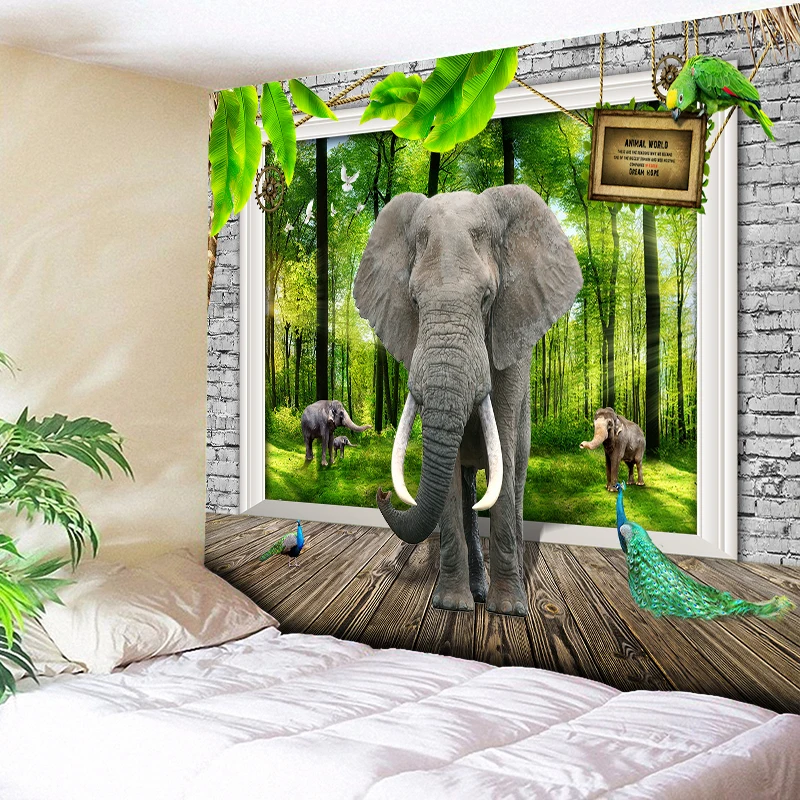 

3D Elephant Wall Tapestry Hanging Hippie Tapestry Blanket Green Forest Sunlight Home Decor Wooden Floor Boho Decor Wall Cloth