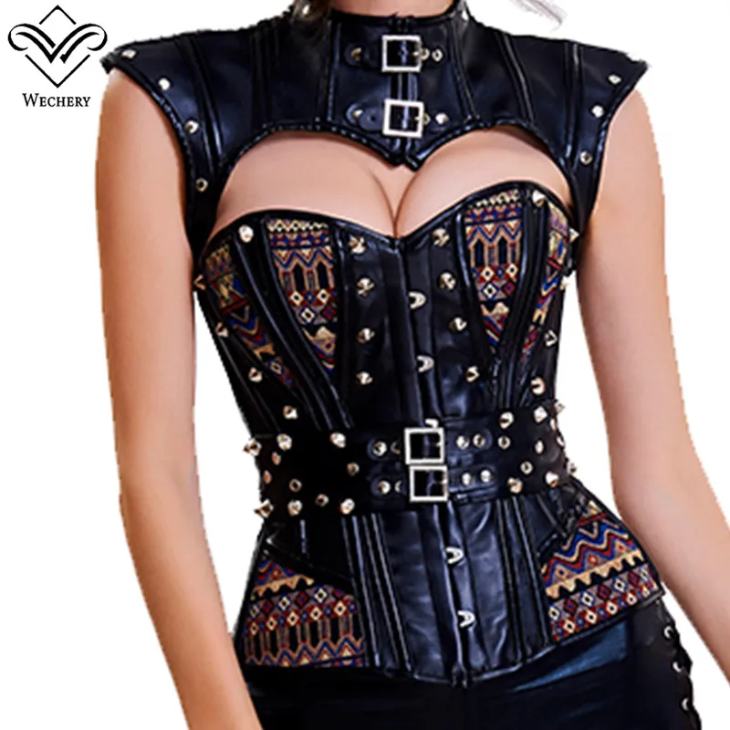 Wechery Women Steampunk Corset Sexy Gothic Corselet Leather Bustiers Vintage Gorset Hollow out Sleeveless Retro Tops | Женская одежда