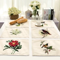 nordic wind cotton linen western food mat simple plant flower and bird print placemat home kitchen cutlery coaster decoration