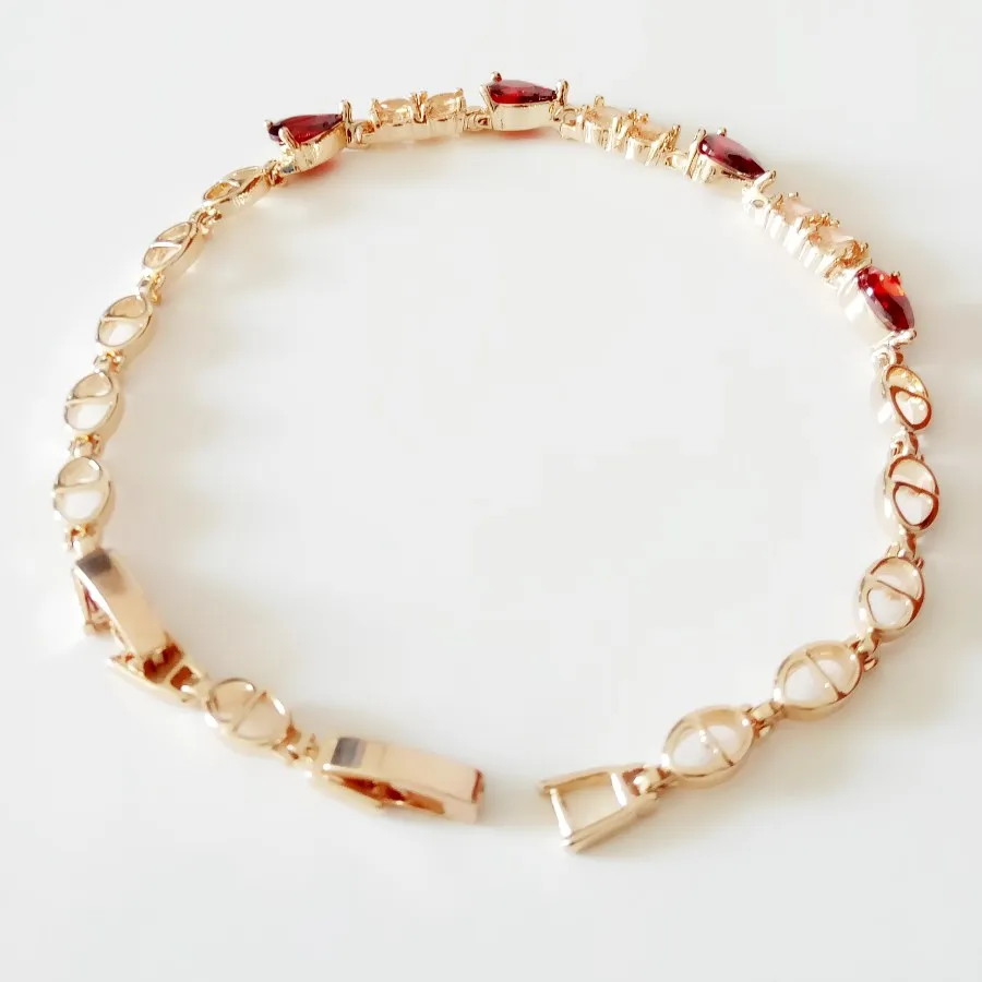Женский браслет из розового золота 585 пробы с красными камнями|women bracelet|link braceletwomen