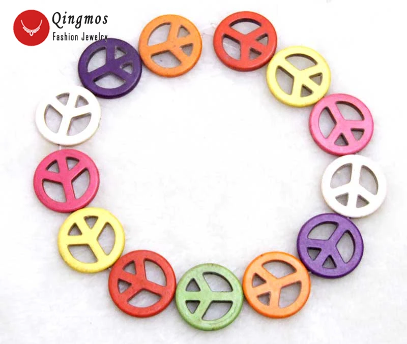 

Qingmos Natural 30mm Multicolor Round Peace Sign Turquoises Beads for Jewelry Making Necklace Bracelet DIY 15" Los435 Free Ship