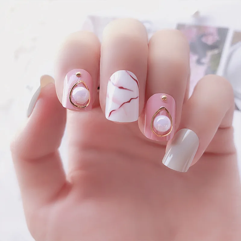 DIY Короткие Размеры дизайн Смешанные искусственные ногти с клеем девушки милый фиолетовый рисунок трещин поддельные ногти розовый цвет жемчуг поддельные ногти