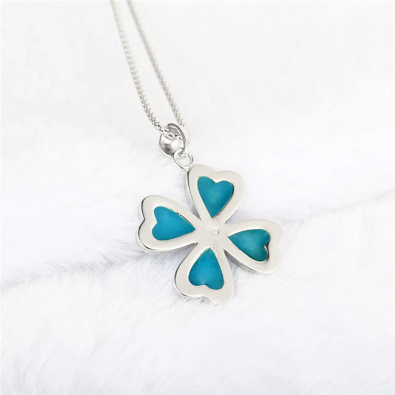 

Blue Opal Pendant Necklaces Women S925 Sterling Silver Chain Class Cuet Romantic FOUR-LEAF CLOVER Lucky Jewelry