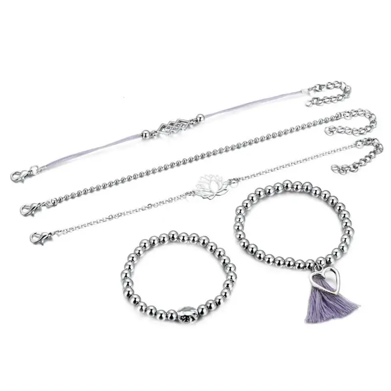 5 шт./компл. винтажный браслет в форме лотоса с кисточкой-сердцем набор серебряных