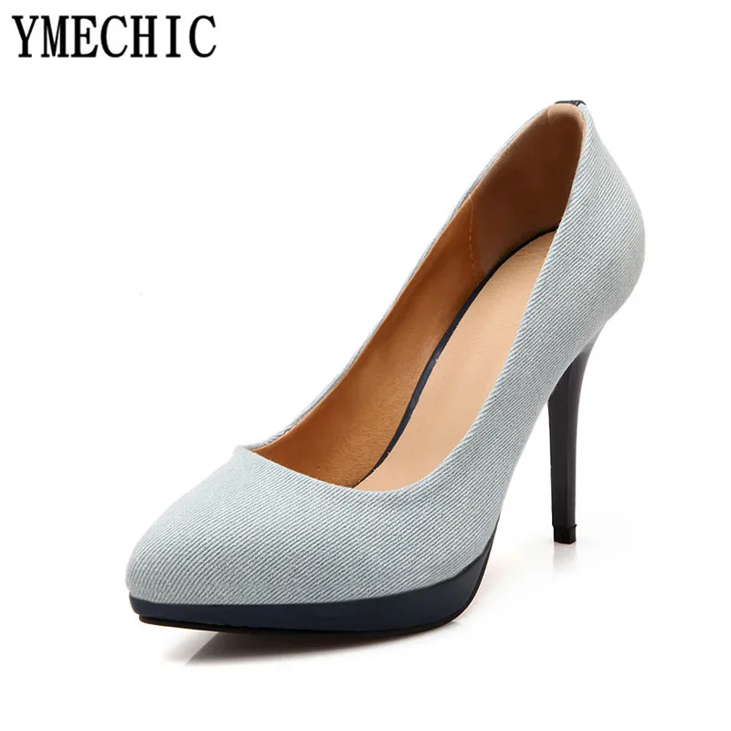 Женские туфли лодочки без застежки YMECHIC синие джинсовые на платформе и высоком