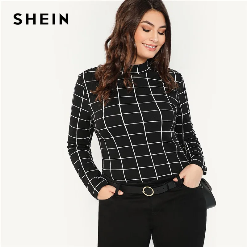 SHEIN Джемпер Размера Плюс С Длинным Рукавом В Клетку, Клетчатый Офисный Джемпер